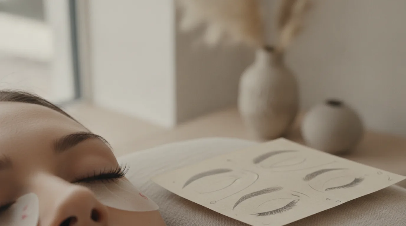 Close view of fine, separated eyelash extensions on a closed eye beside a paper eye-mapping sheet at yeux by qun, Hougang