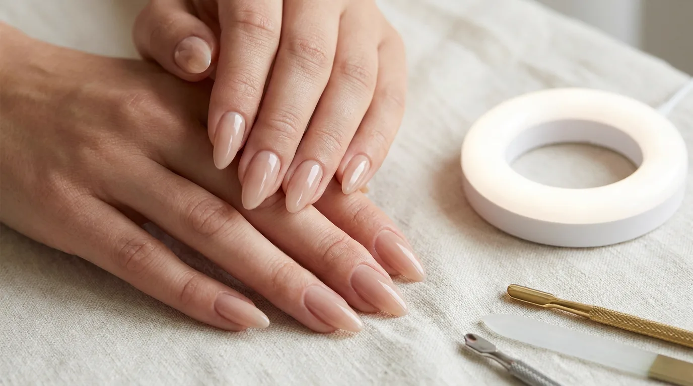Finished gel manicure in Singapore: freshly cured nude gel polish on almond nails beside an LED curing lamp, cuticle pusher and glass file