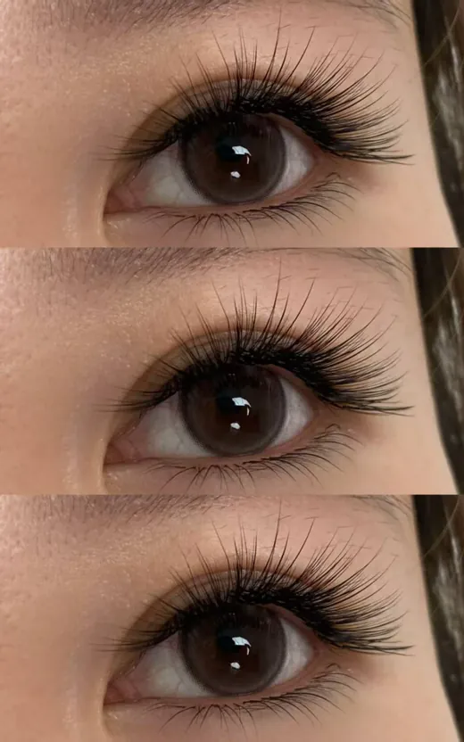 The same eye photographed three times in a vertical strip, wearing a full, wispy lash extension set