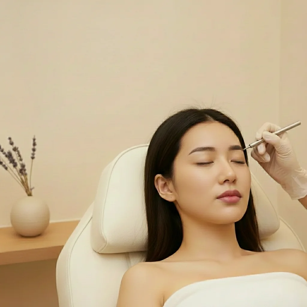 Semi-permanent makeup session in progress — soft pinkish-rose lip blush, ombre powder brow, classic eyeliner