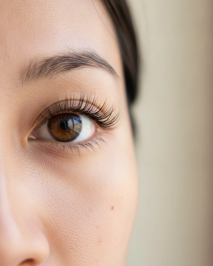 Close-up of a Singapore client's eye with classic single-strand eyelash extensions — clean defined natural look at yeux by qun