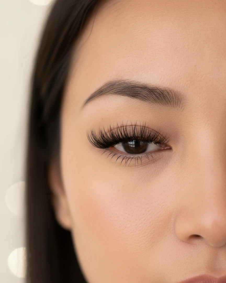 Close-up of a Singapore client's eye with designer-style fuller statement eyelash extensions — Thai or Fairy aesthetic at yeux by qun