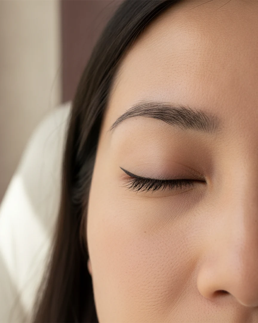 Close-up of a Singapore client's closed eye after fresh classic eyeliner embroidery at yeux by qun